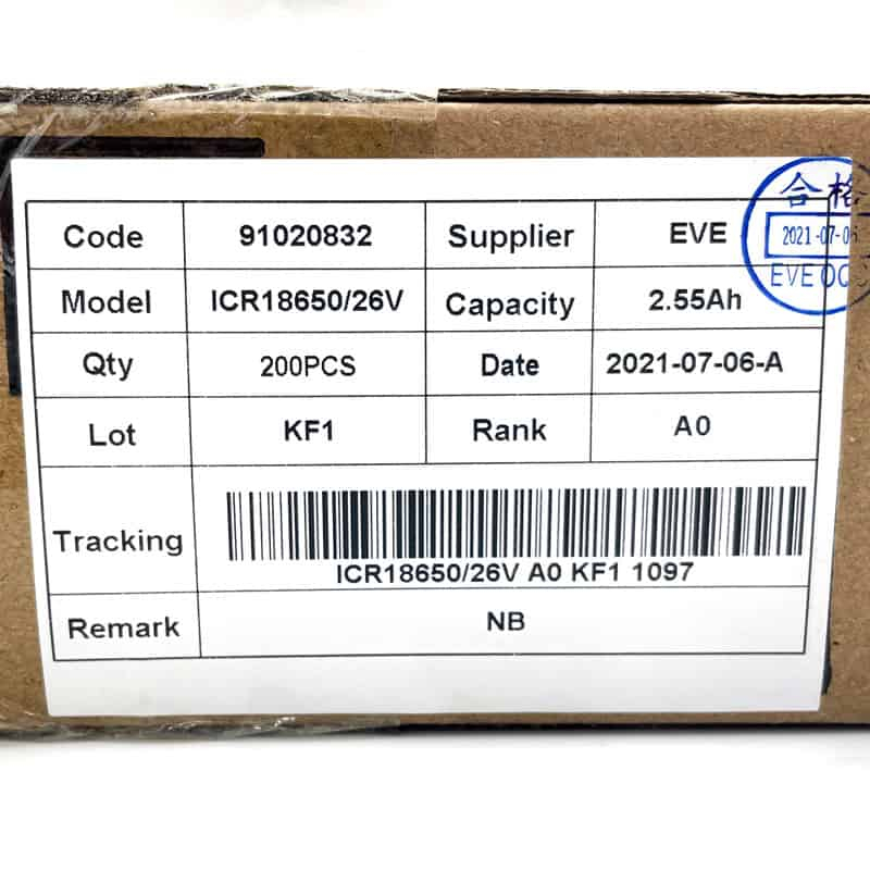 Celda Lí-ION EVE ICR18650-26V 2500mAh - 7.65A - CAJA DE 100 UDS.